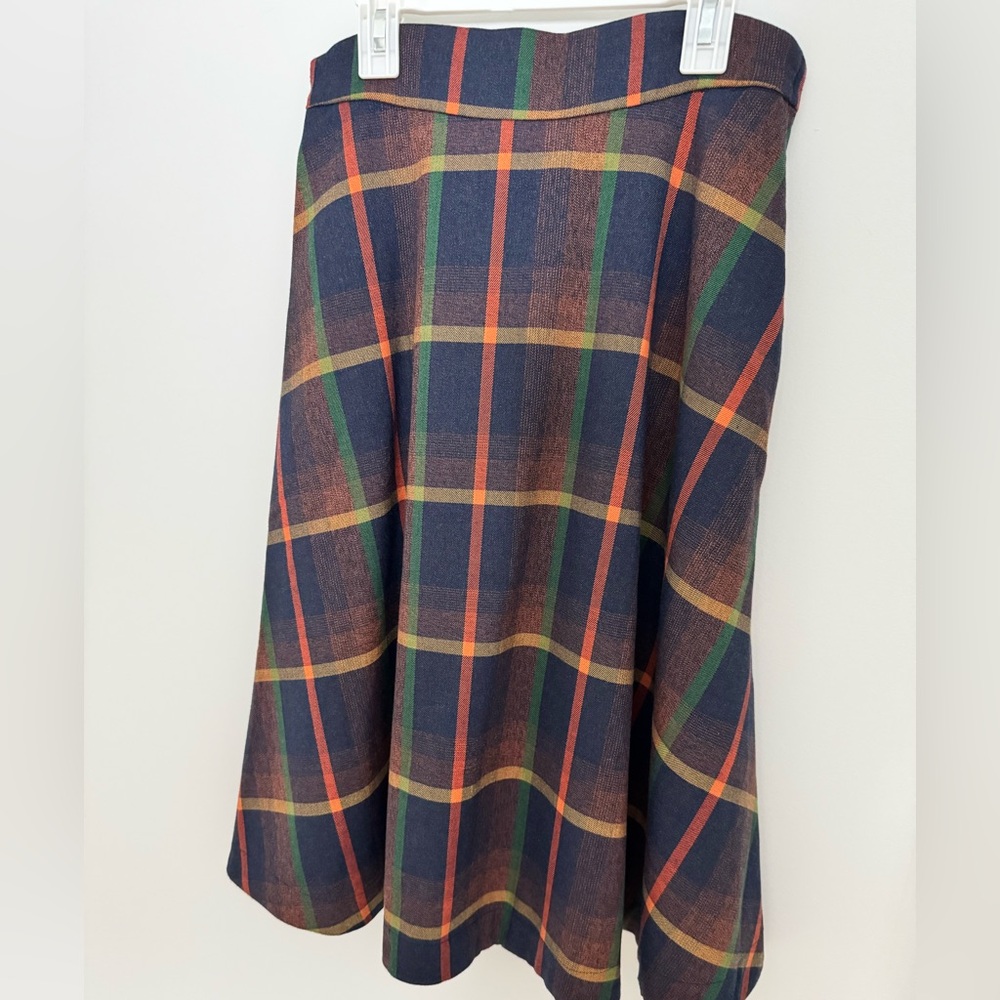 ModCloth Navy Plaid A-Line Skirt with Green & Orange Stripes